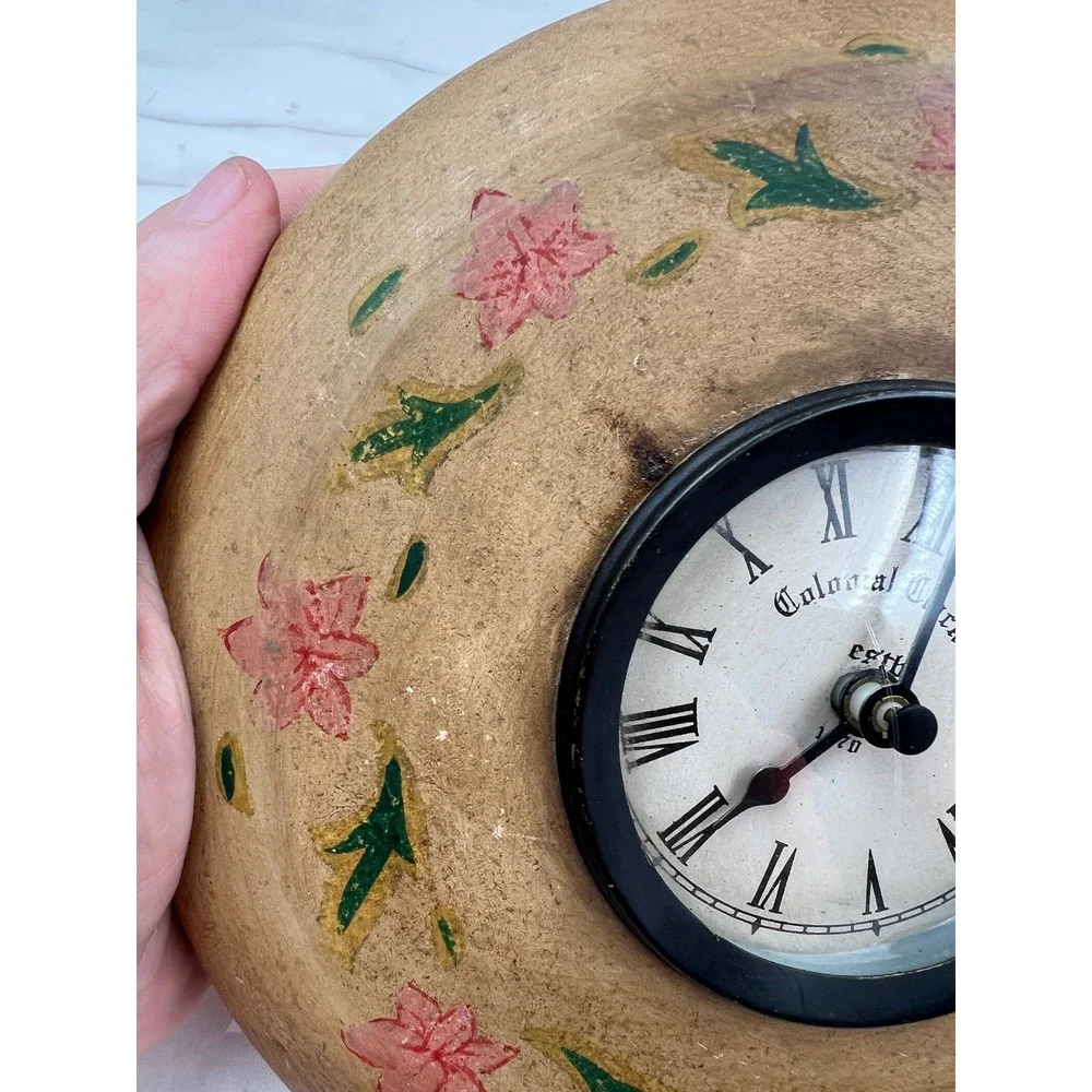 Colonial Clock Co Vintage Style Hand Painted Floral Wood Wall Clock 7 inch